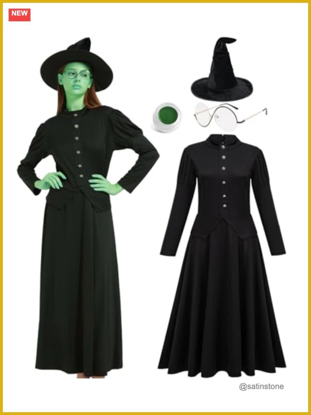 Witch Costume Set Adult Black Dress Hat Glasses Paint Halloween Cosplay